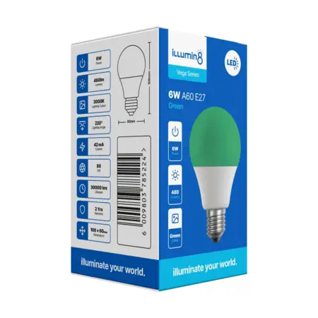 A60 LED Lamp 6W E27 Green Illumin8 (4 Pack)