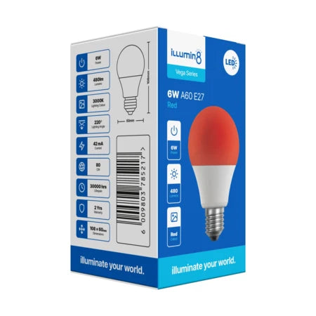 A60 LED Lamp 6W E27 Red Illumin8 (4 Pack)