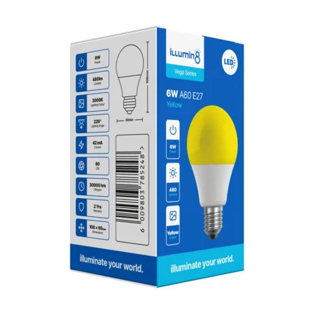 A60 LED Lamp 6W E27 Yellow Illumin8 (4 Pack)