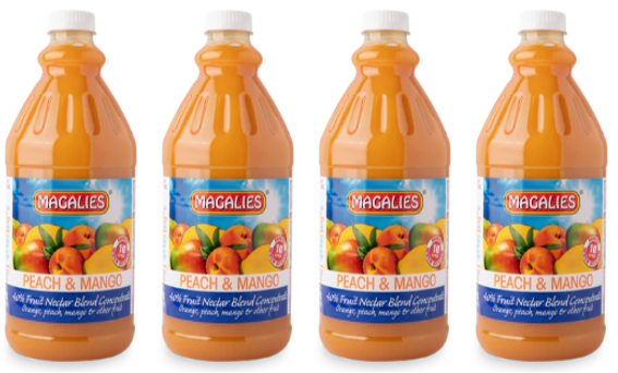 4 x MAGALIES 2 liter Peach & Mango 40% Concentrate (Sold 4 X 2L Per Case) Magalies Nectar Juice