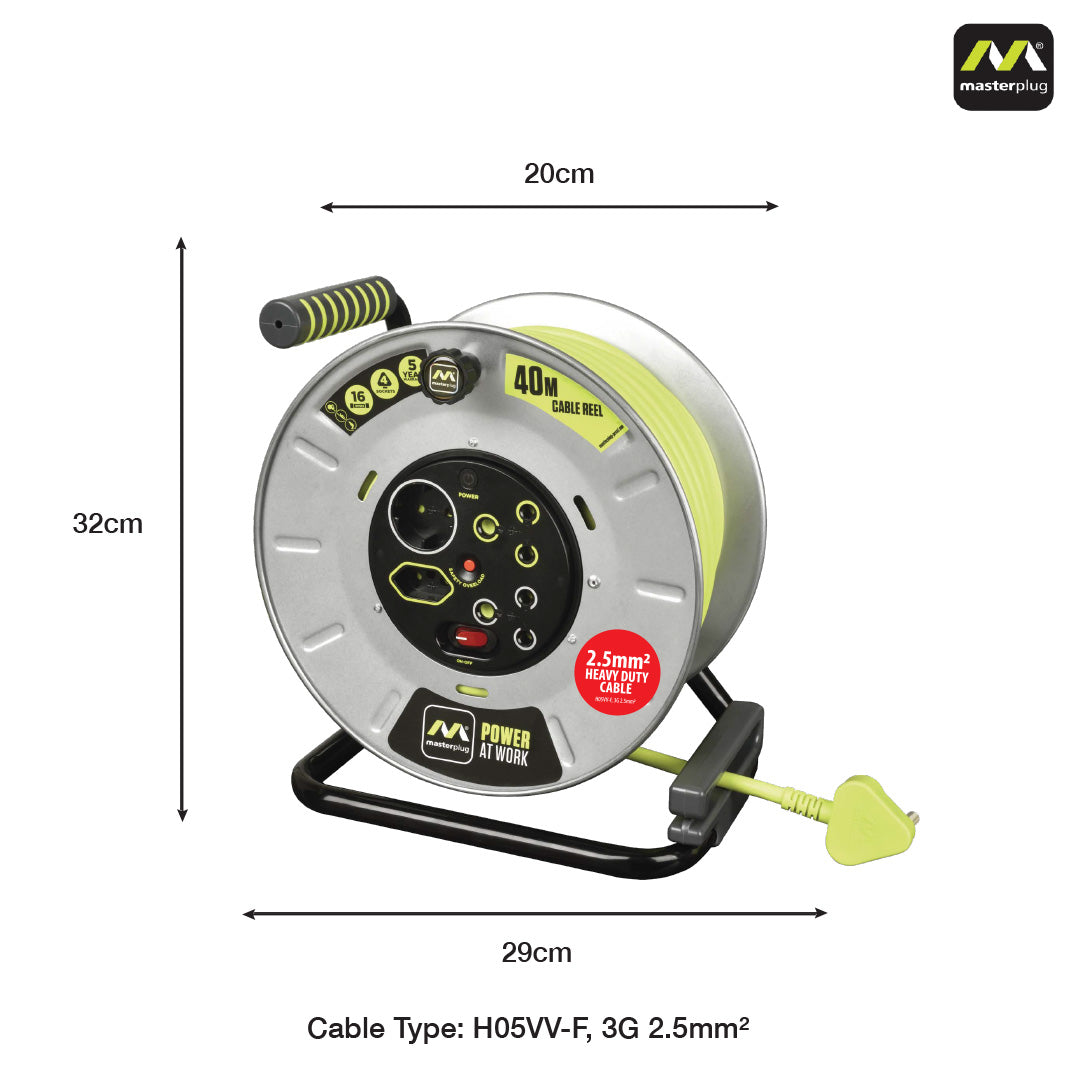 Masterplug Pro-XT 40m Heavy Duty Extension Cable Reel - 4 Socket With Switch