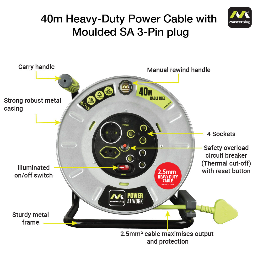 Masterplug Pro-XT 40m Heavy Duty Extension Cable Reel - 4 Socket With Switch