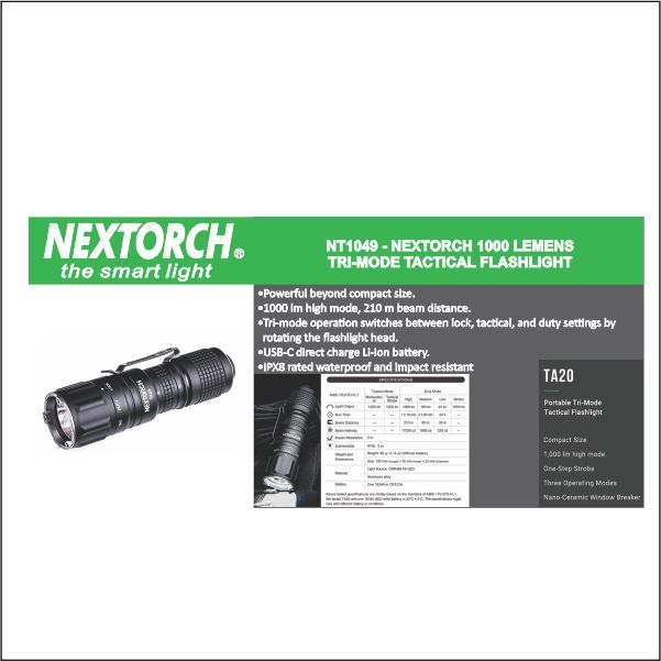 Nextorch TA20 1000 Lumens Tri-Mode Tactical Flashlight