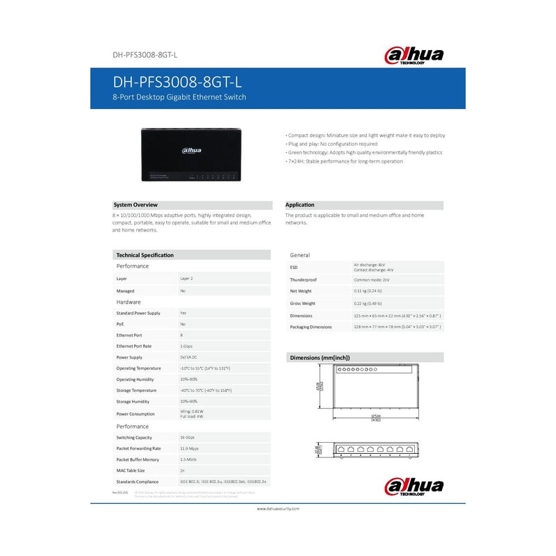 Dahua DH-PFS3008-8GT-V2 - Dahua Switch Unmanaged 8 10/100/1000 NO PoE