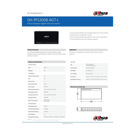 Dahua DH-PFS3008-8GT-V2 - Dahua Switch Unmanaged 8 10/100/1000 NO PoE