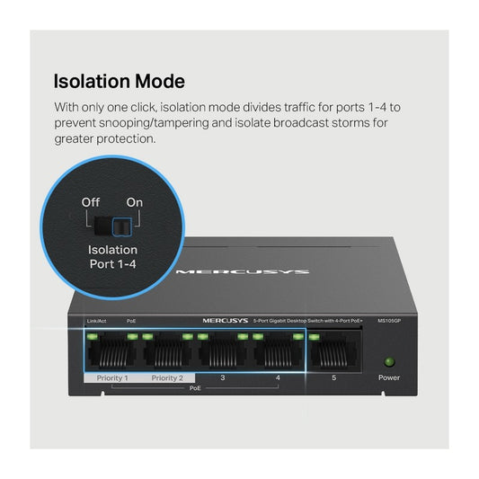 Mercusys MS105GP - Mercusys 5 Port Gigabit Desktop Switch with 4 Port PoE+