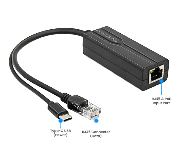 PoE Splitter – 802.3af/at to 5V/2.4A Type-C & Ethernet
