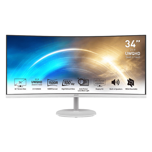 MSI PRO MP341CQ Professional Monitor 3440x1440 (UWQHD) VA 1ms 100Hz HDMI White - Guards On Duty Shop & Security Guards