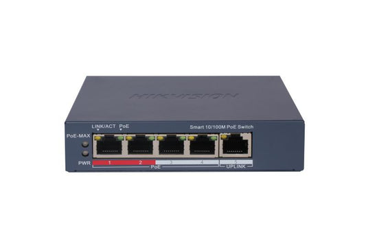 Hikvision L2  Smart Managed  4 10/100M RJ45 PoE ports  1 10/100M RJ45 port  802.3af/at  PoE power budget 60W