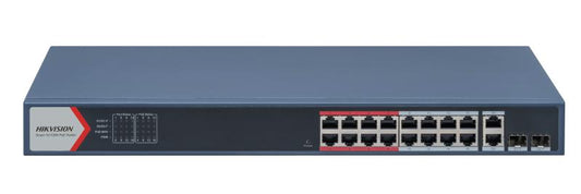 Hikvision L2  Smart Managed Switch  16 10/100M RJ45 PoE ports  2 Gigabit combo ports  802.3af/at  PoE power budget 230W  Max. 300 meter long distance PoE transmission