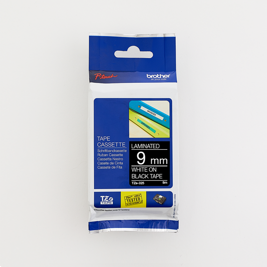 Brother 9MM White on Black Laminated tape