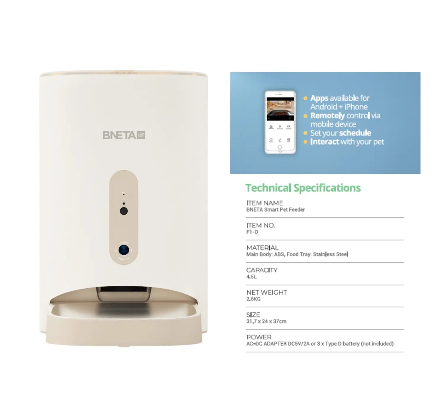 BNETA IoT Smart Pet Feeder with HD Fish Eye Camera