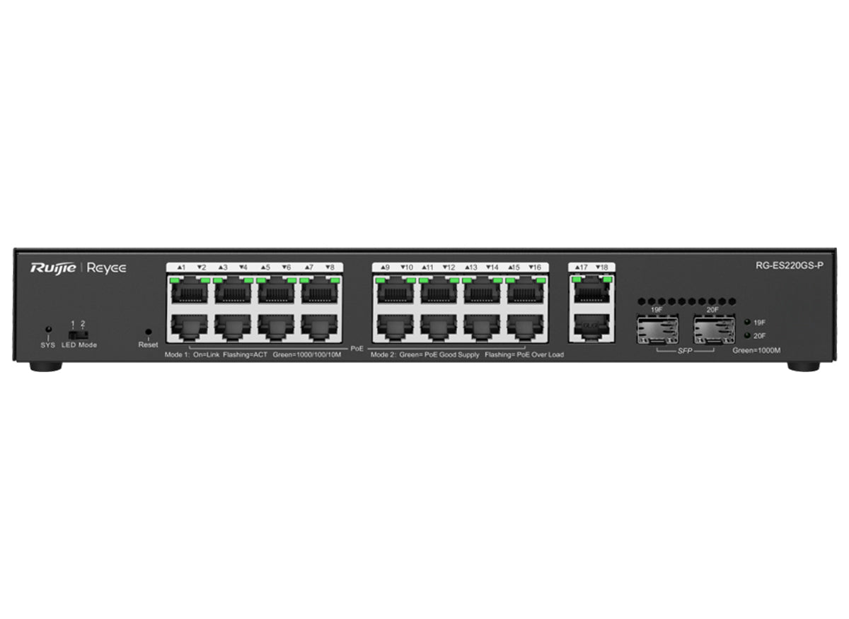 Reyee 18 Port Gigabit with 16 PoE 250W 2SFP Smart Managed Switch - Guards On Duty Shop & Security Guards