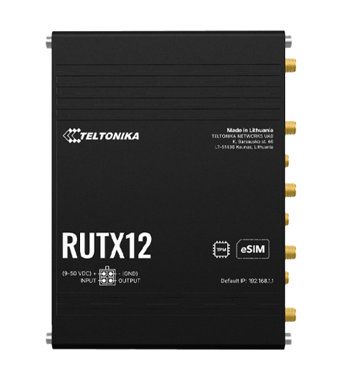 Teltonika RUTX12 Cat 6 x 2 Industrial Router,Dual-SIM, Wi-FI 5, 1 x WAN(1 Gbps), 4 x LAN(1 Gbps), MQTT, MODBUS TCP/USB, GNSS, Bluetooth 4.0, 1 x I/O IN, 1 x I/O OUT