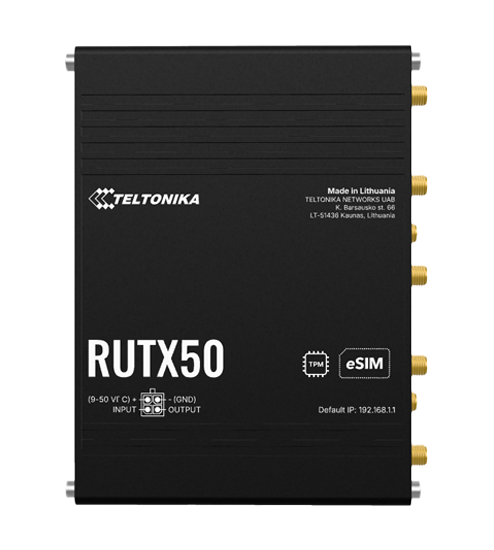 Teltonika RUTX50 5G Industrial Router,Dual-SIM, Wi-FI 5, 4x4 MIMO, 1 x WAN(1 Gbps), 4 x LAN(1 Gbps), MQTT, MODBUS TCP/USB, GNSS, 1 x I/O IN, 1 x I/O OUT