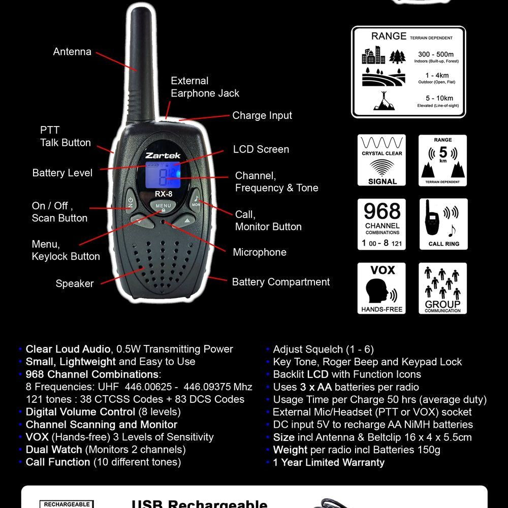 Zartek RX-8 Rechargeable Two-Way Radios - (Twin Pack) - Guards On Duty Shop & Security Guards