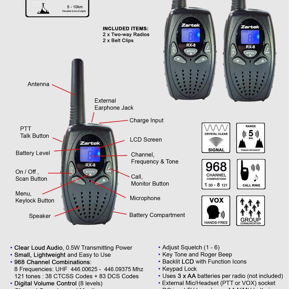 Zartek RX-8 Rechargeable Two-Way Radios - (Twin Pack) - Guards On Duty Shop & Security Guards