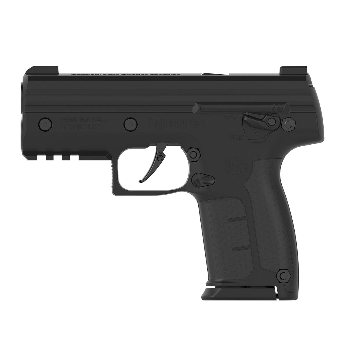 Black Byrna SD .68 cal launcher with 5-round magazine fitted, left-side view