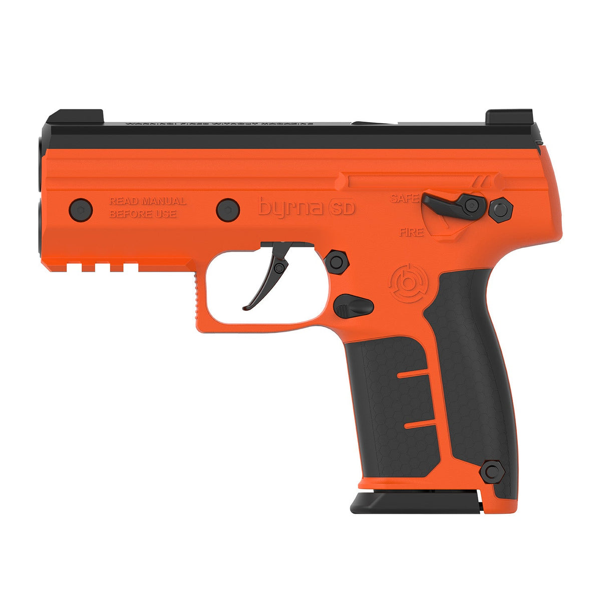 Orange Byrna SD .68 cal launcher with black slide, grip panels and 5-round magazine fitted, left-side view