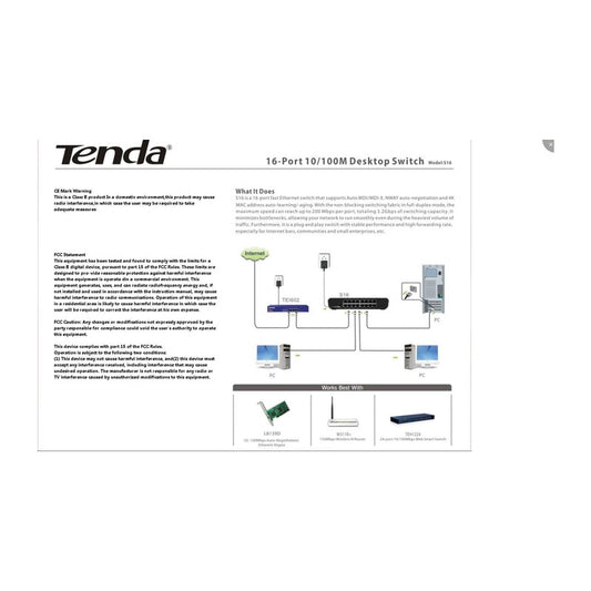 Tenda S16 - TENDA DESKTOP SWITCH 16-PORT FAST ETHERNET 10/100