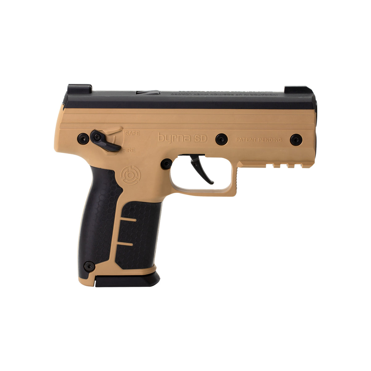 Tan Byrna SD .68 cal launcher with black slide and grip, magazine fitted, right-side view