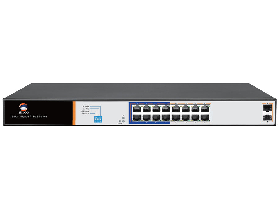 Scoop 16 Port Gigabit PoE 150W 2SFP Switch - Guards On Duty Shop & Security Guards