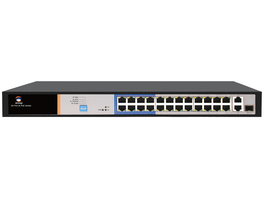 Scoop 24 Port Fast Ethernet PoE 250W 2 Gigabit 1SFP Switch - Guards On Duty Shop & Security Guards