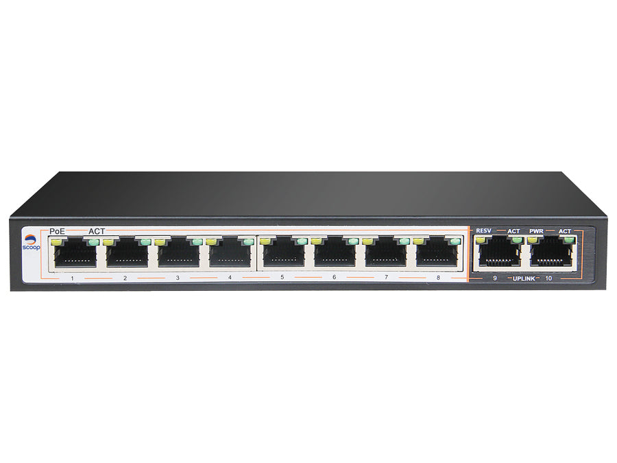Scoop 8 Port Fast Ethernet PoE 96W 2 Gigabit Switch - Guards On Duty Shop & Security Guards