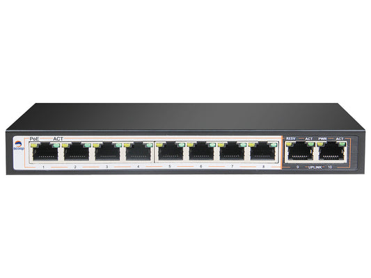 Scoop 8 Port Fast Ethernet PoE 96W 2 Gigabit Switch - Guards On Duty Shop & Security Guards