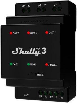 Shelly Pro 3 - Three-Channel Relay With Potential-Free Outputs Supporting A Total Of 48A