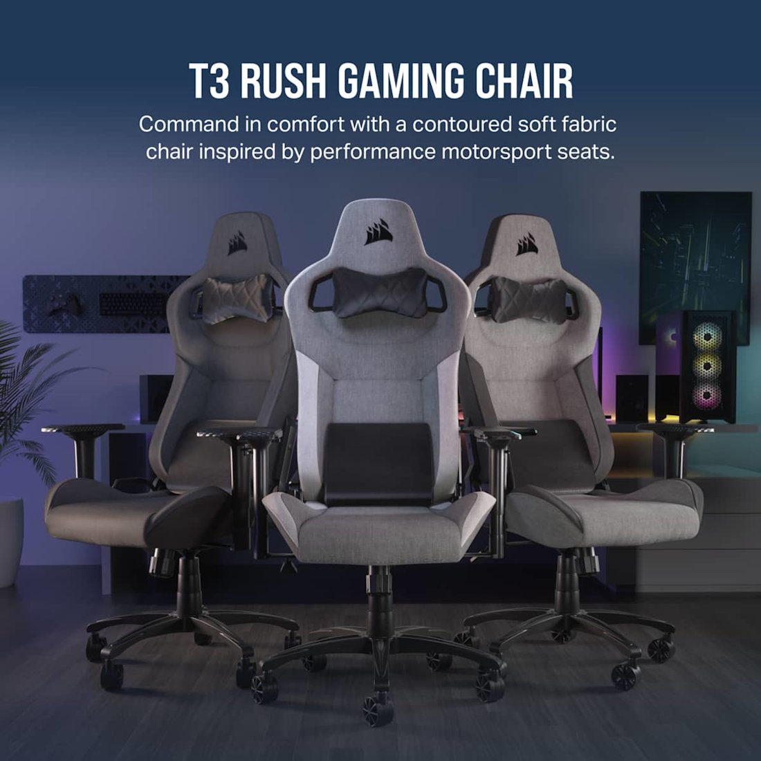 CORSAIR T3 RUSH Gaming Chair - Charcoal/Grey Premium Breathable Fabric – up to 120kg – 4D Adjustable Armrests .