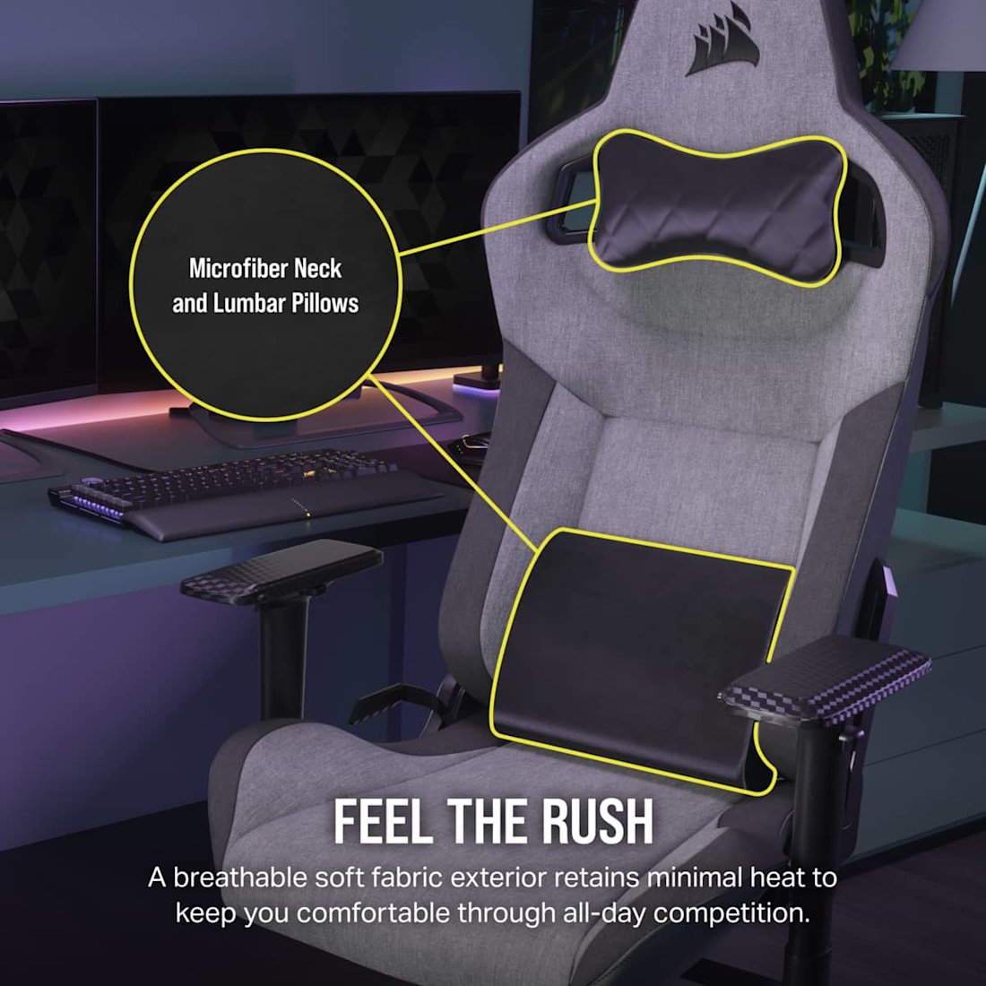 CORSAIR T3 RUSH Gaming Chair - Charcoal/Grey Premium Breathable Fabric – up to 120kg – 4D Adjustable Armrests .