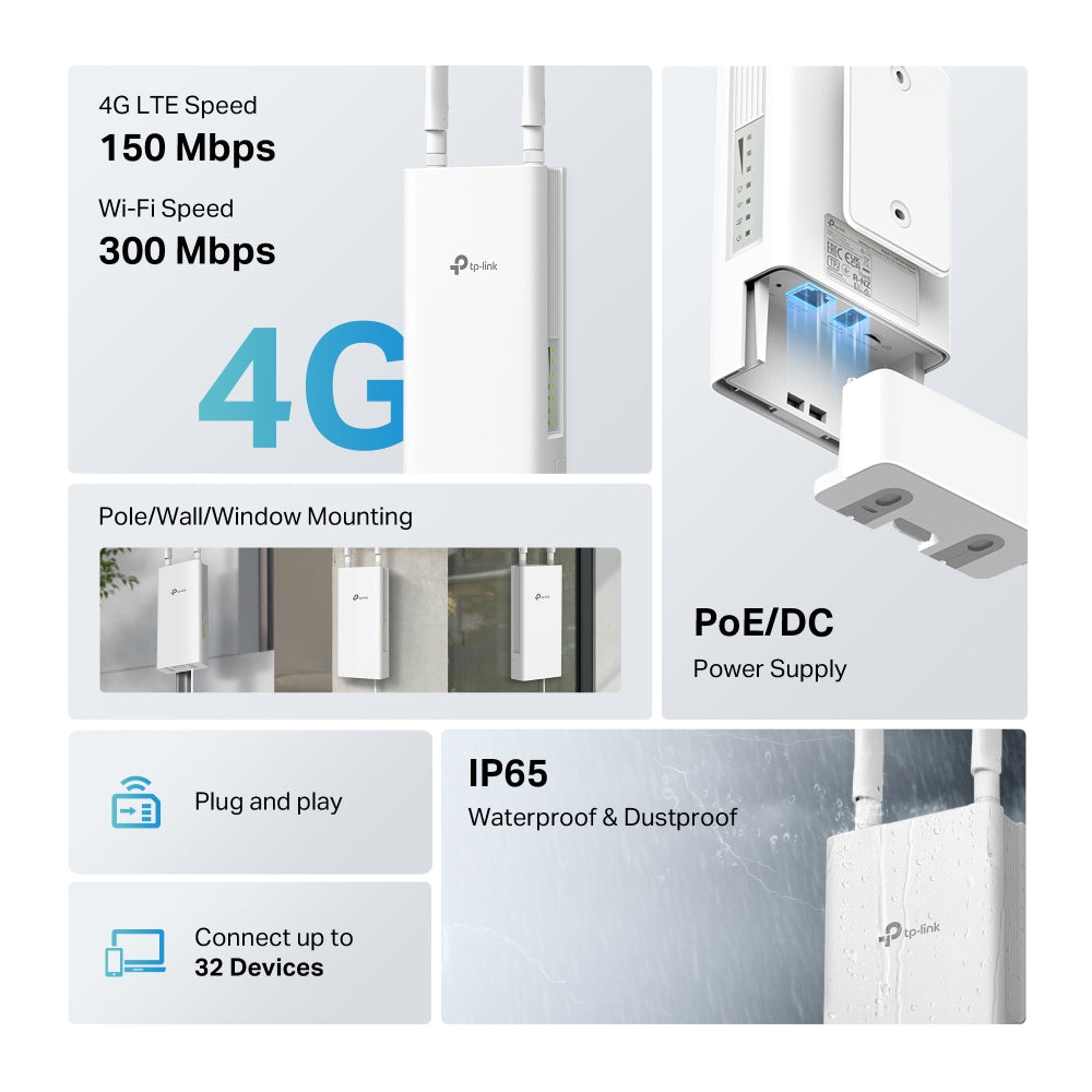 TP-Link AC1200 Wireless Dual-Band 4G LTE Outdoor Router 1.2 Gbps Wi-Fi+150 Mbps 4G LTE 1×100M PoE Port Built-In 4G LTE