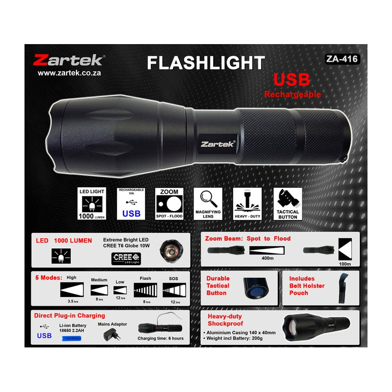 Zartek ZA-411 - Zartek 200 Lumen LED Baton Torch incl Pouch