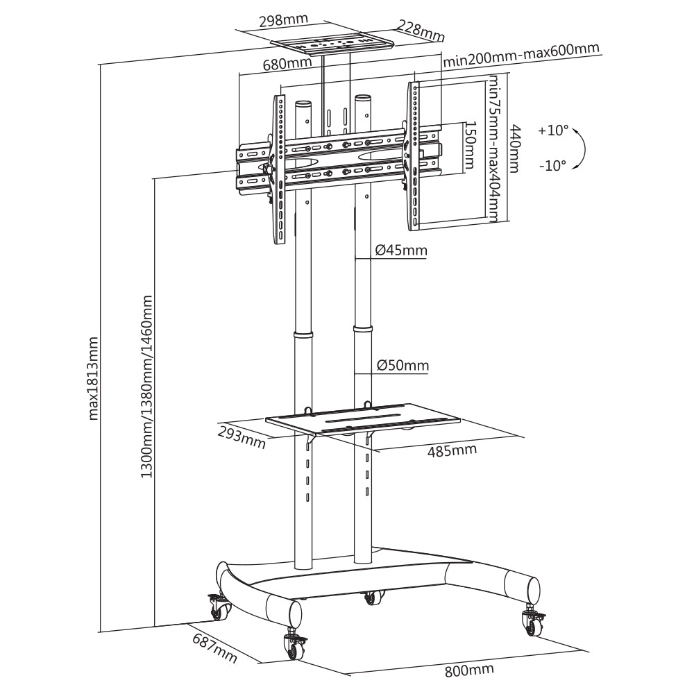 Economy Tilt Height-Adjustable Steel Mobile AV Trolley (TVARM-TVST01B)