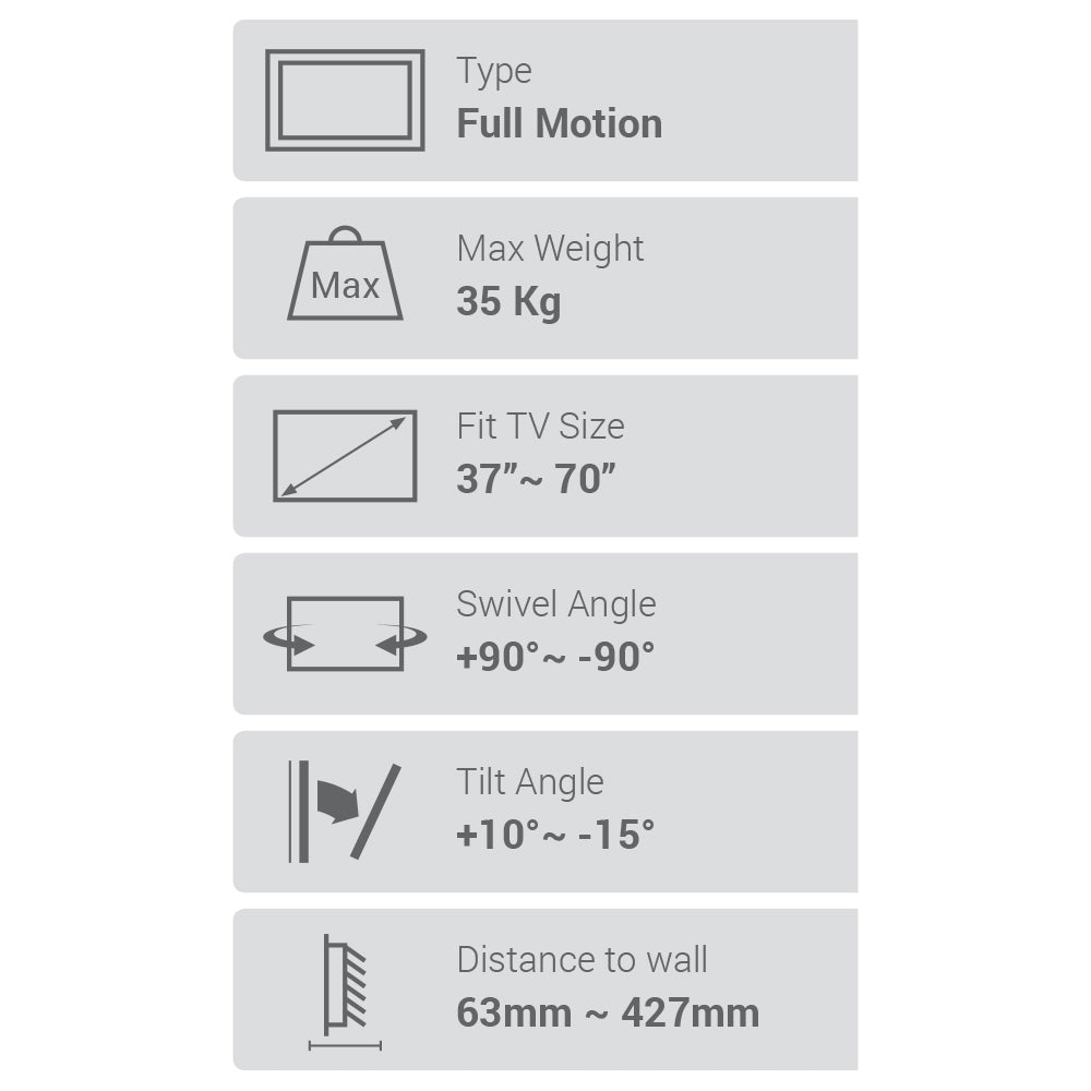 Flat Screen Wall Mount – Full Motion 37″-70″ 35kg (TVARMECPL01)
