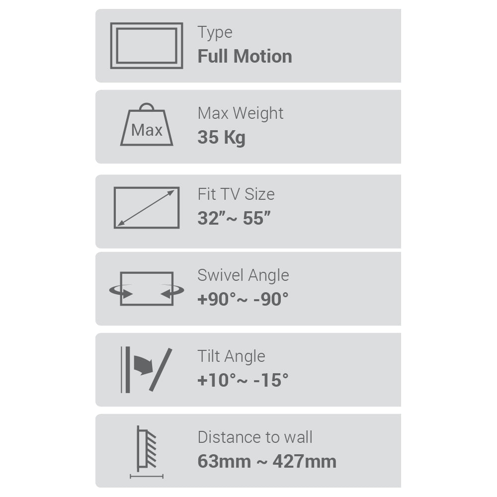 Flat Screen Wall Mount – Full Motion 32″-55″ 35kg (TVARMECPL01S)