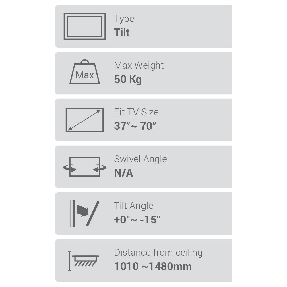 Flat Screen Ceiling Mount – Tilt & Rotate 37″-70″ 50kg (TVARMECPL02)