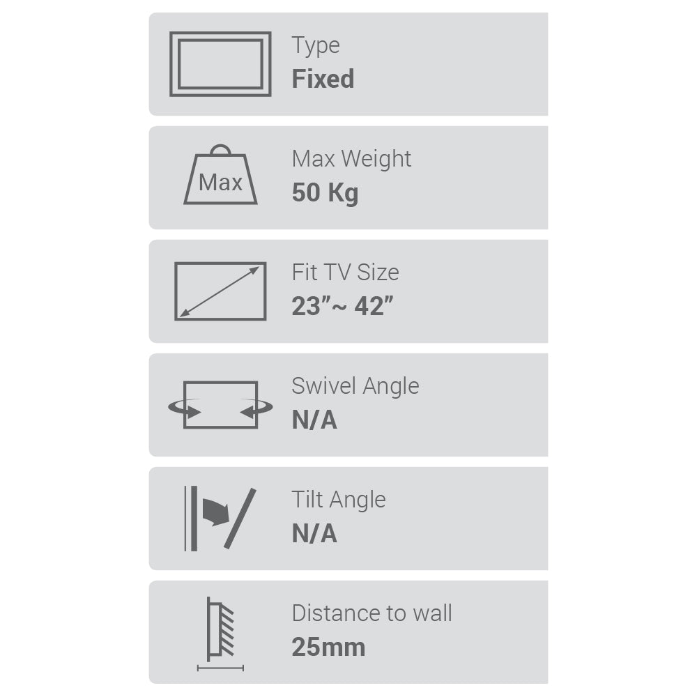 Flat Screen Wall Mount – Slim Fixed 23″-42″ (50kg)