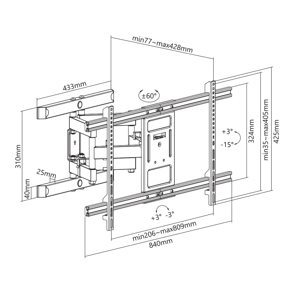 Flat Screen Wall Mount – Full Motion 43″-90″ 60kg (TVARMECPL09)
