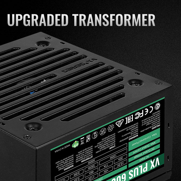 Aerocool VX PLUS 600W PSU - ATX 24 PIN; 1x 4+4PIN CPU; 4x SATA; 3x PATA; 1x PCIe 6+2PIN