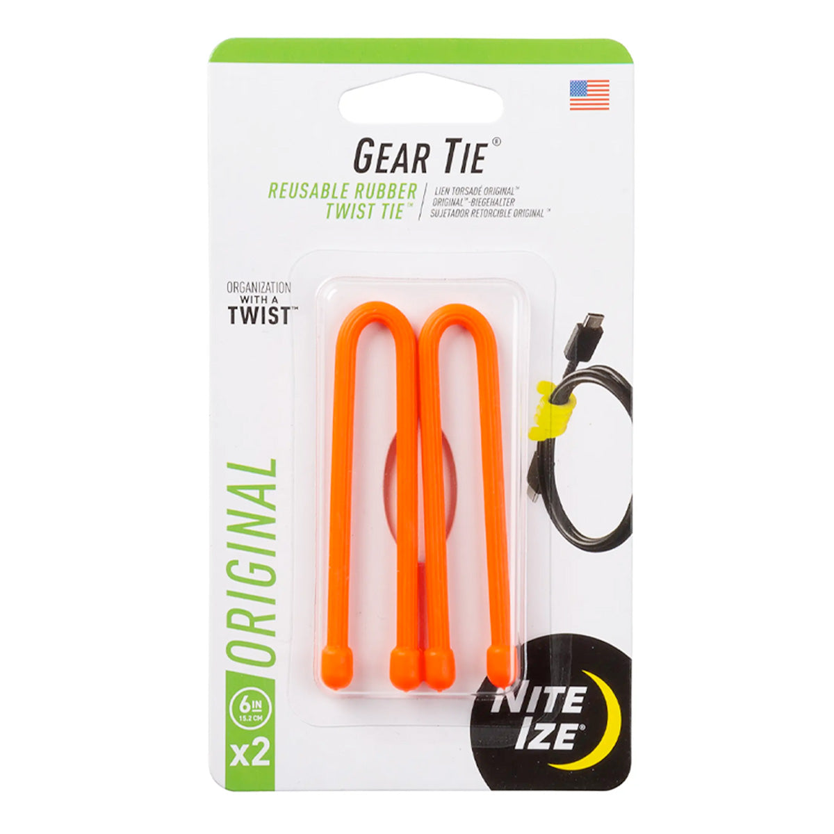 Nite Ize Gear Tie Reusable Rubber Twist Tie 6in - 2 Pack - Bright Orange