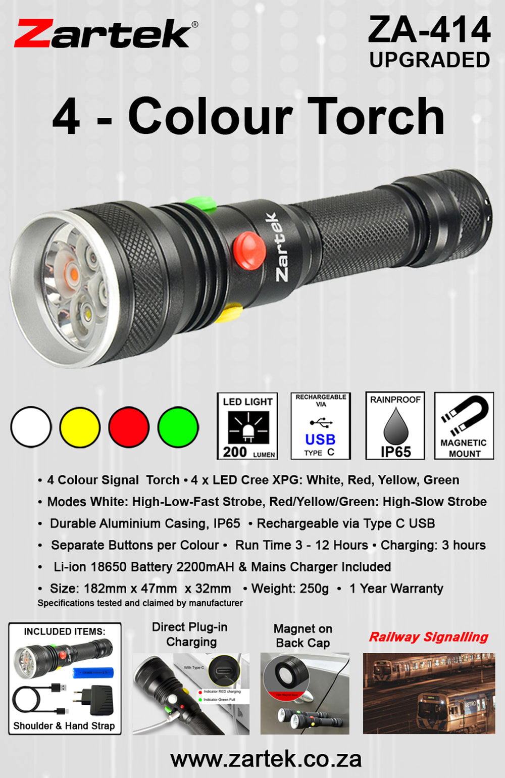 ZA-414 4 LED Colour Signal Bright Torch White Red Yellow Green Aluminium