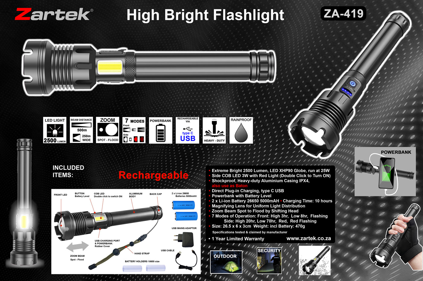 ZA-419 High Bright Flashlight 2500lm 25W Zoom Aluminium USB Rechargeable