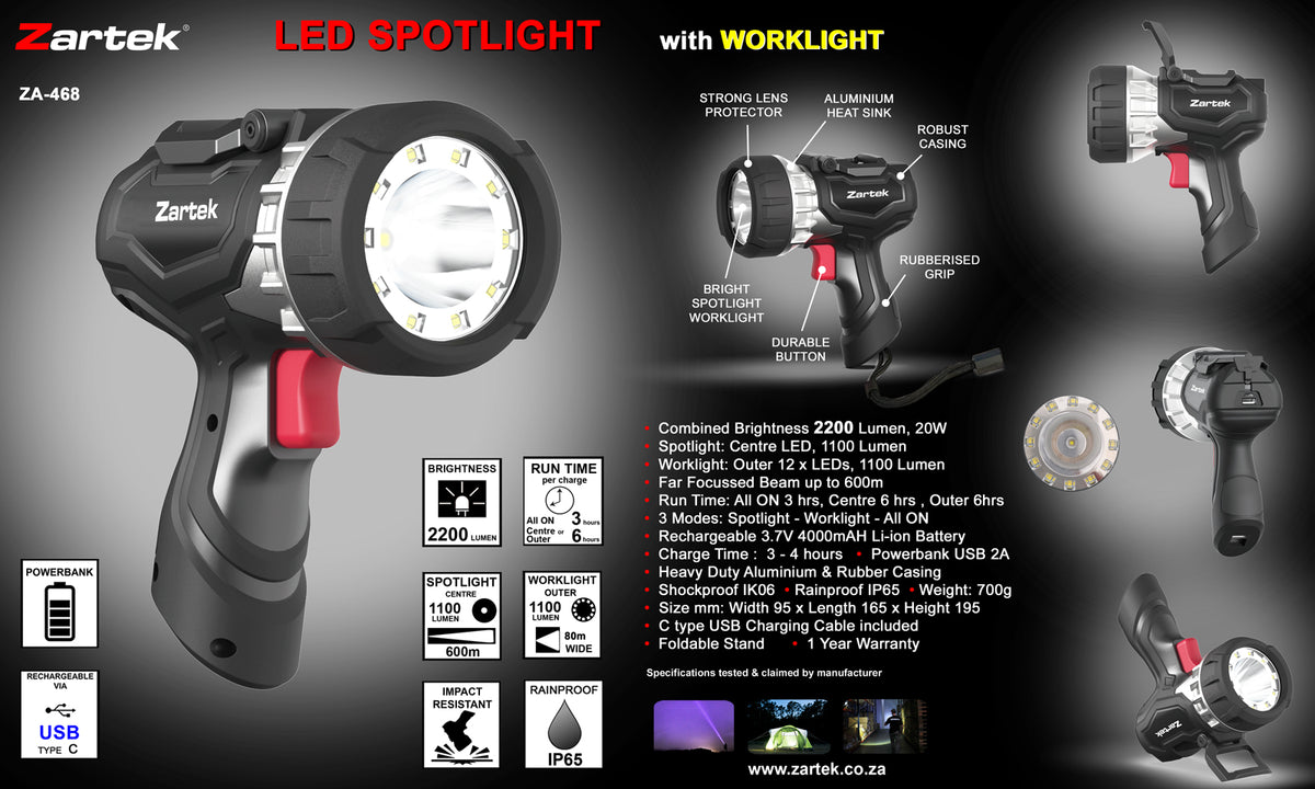 ZA-468 Bright Spotlight LED 1500 Lumen Round COB Worklight USB Rechargeable
