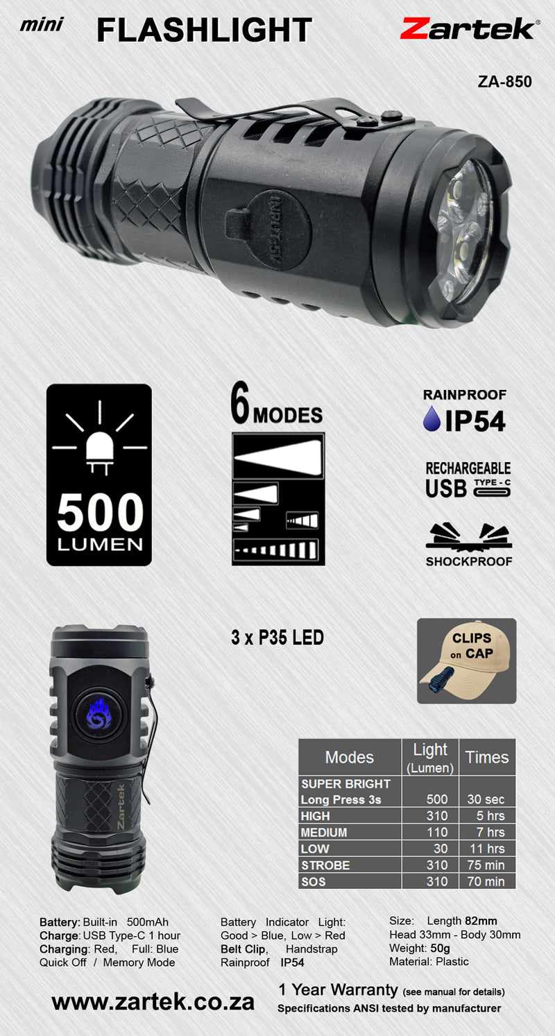 ZA-850 Mini Flashlight 3xLED 500 Lumen Plastic USB-C Rechargeable