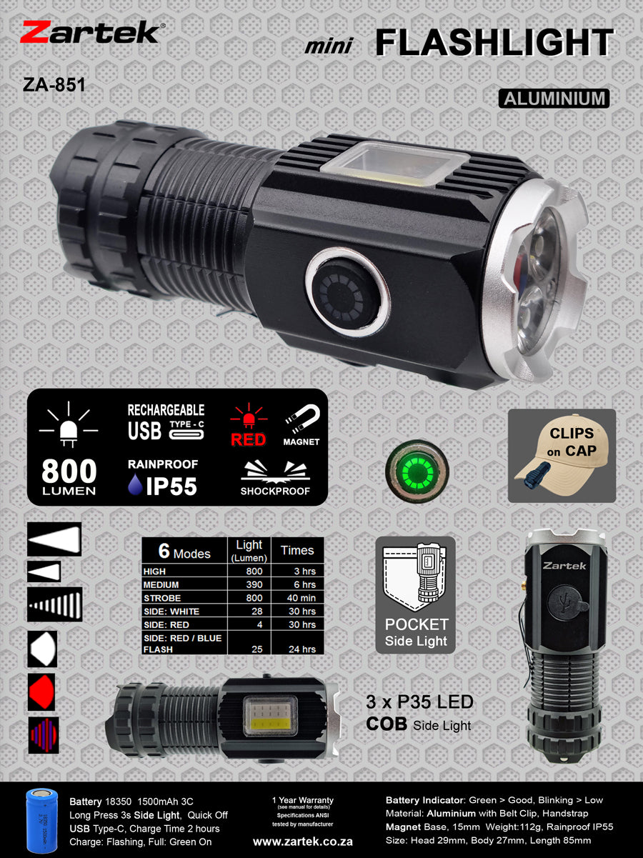 ZA-851 Mini Flashlight 3xLED Front 800lm Side COB Light Aluminium USB-C Rechargeable