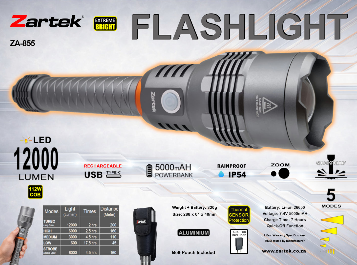 ZA-855 Extreme Bright Flashlight 12000 Lumen LED COB Globe USB-C Rechargeable