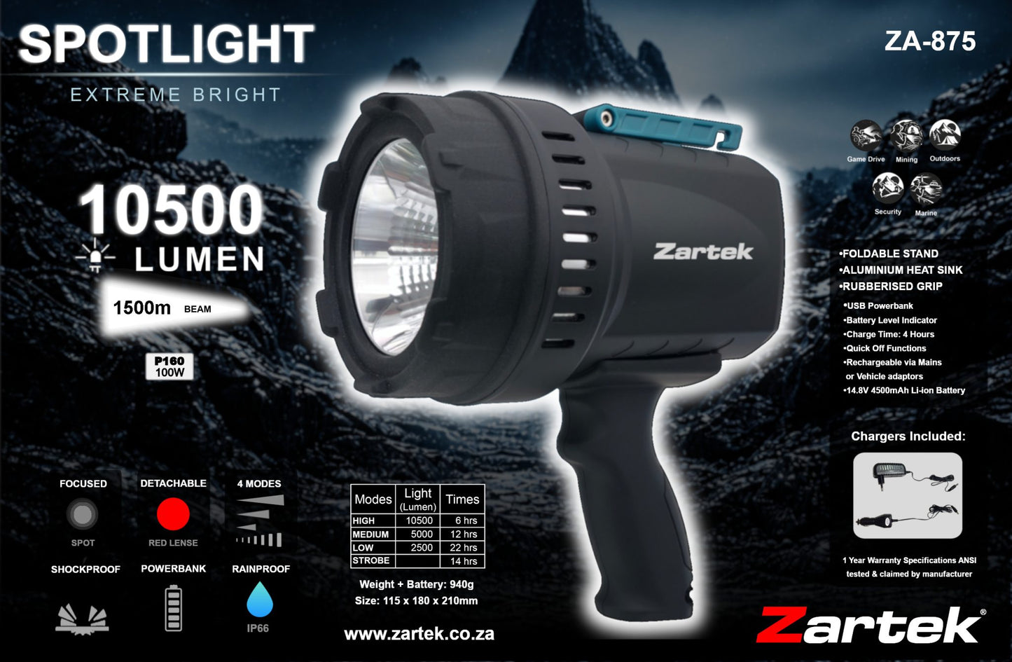 Zartek ZA875 Rechargeable Extreme Bright LED Spotlight