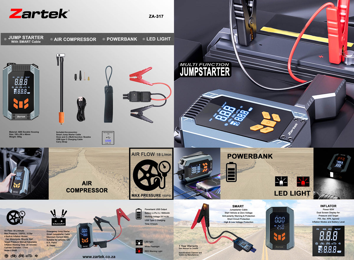 ZA-317 Portable Rechargeable Jump Starter / Air Pump / Powerbank / LED Flashlight